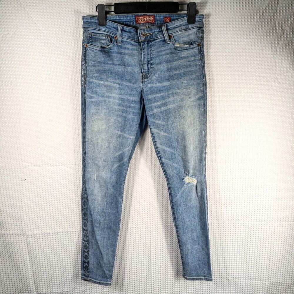 Lucky Brand Ava Skinny Jeans 8/29 Women Light Wash Distressed Floral Side Stripe